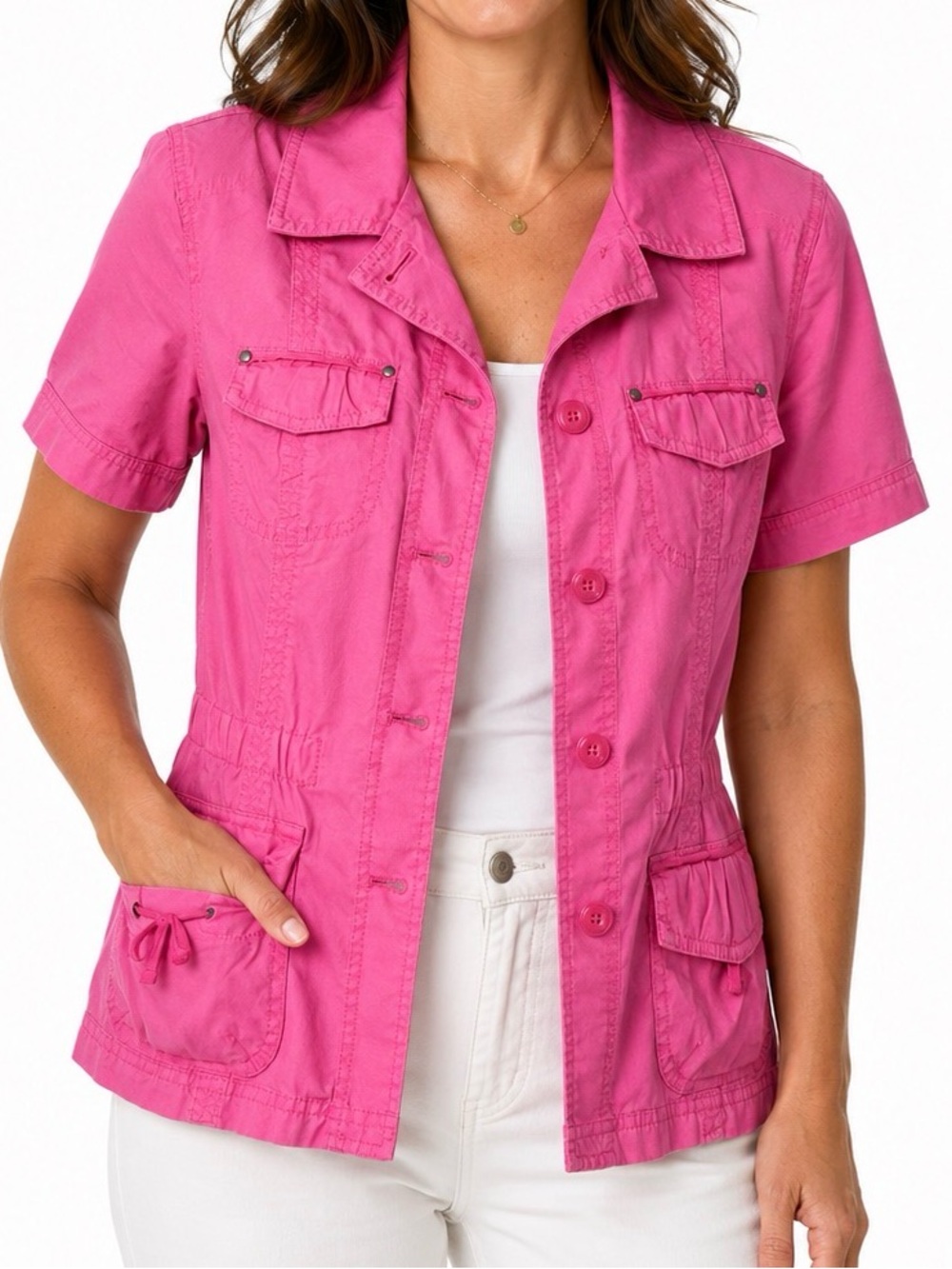 Chicos Hyper Pink Ricki Utility Button Down Short Sleeve Jacket